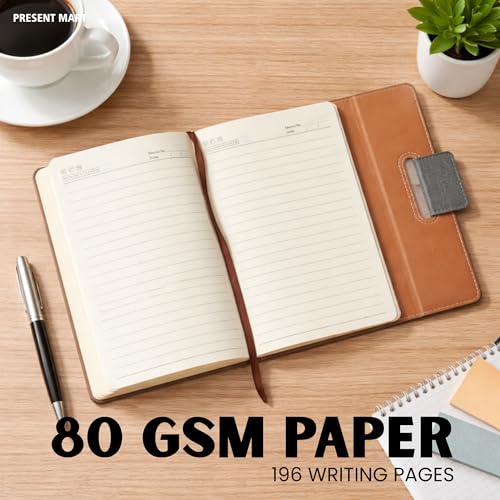 Image of FoldBook Personalized A5 Notebook with Magnetic Flap Closure, Premium Leather Pattern Design, 192 Pages 80 GSM Paper, Bookmark Ribbon, Custom Name Print Journal Diary, Brown