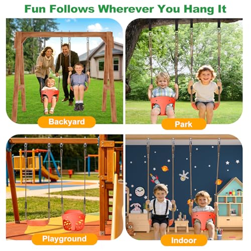 Image of SELEWARE Orange Toddler Swing Set - Heavy-Duty High Back Full Bucket Toddler Swing Seat & Kids Tree Swing with Adjustable Ropes, Backyard Playground Swing Set Accessories for Kids, Indoor /Outdoor Use