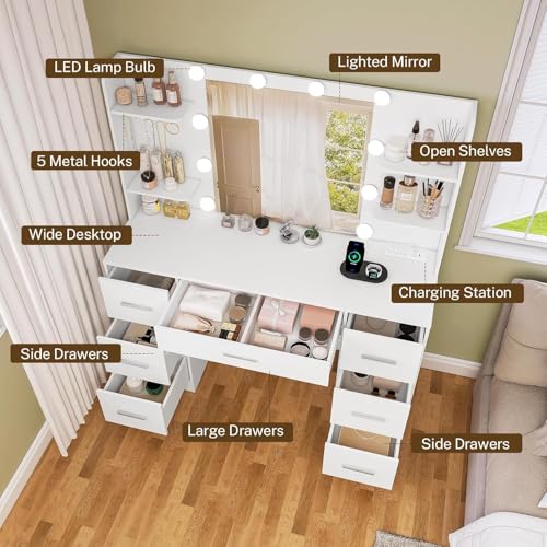 Large Makeup Vanity Desk Set with Mirror, Lights, Drawers, Shelves, Hooks & Power Strip for Bedroom (White)