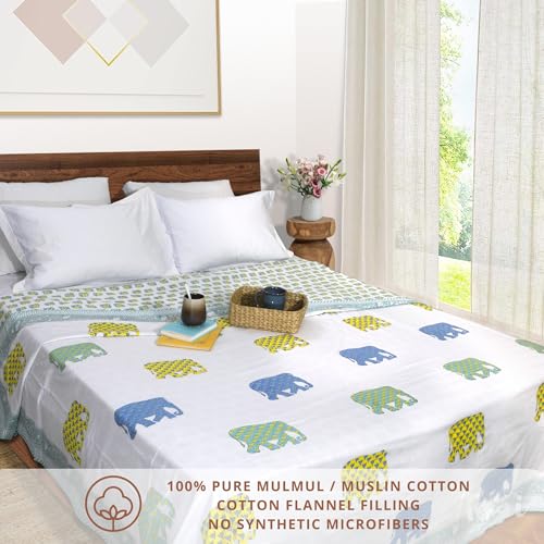 Image of TOAIArt Premium Jaipuri Dohar | AC Blanket Summer Quilt | Hand Block Printed | 3 Layers | Reversible | 150GSM 100% Mulmul Cotton | 100% Cotton Flannel Filling | King 108 inch X 90 inch |Multicolor Elephant