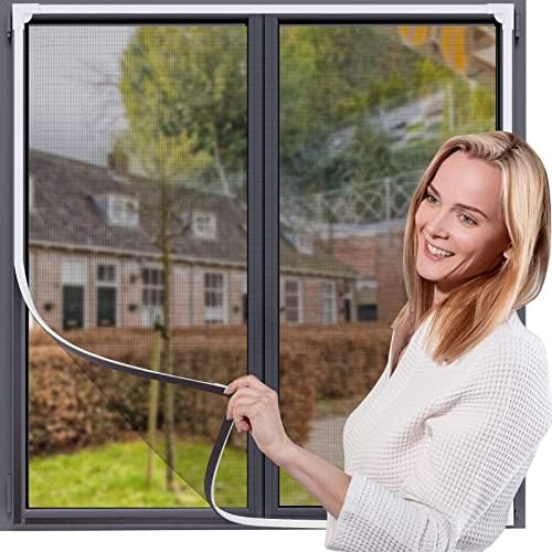 OWYR Magnetic Window Screen Adjustable DIY Window Net Fiberglass Fine Mesh Screen Protector Fits Max 48” x 44” White Window Frames with Grey Mesh