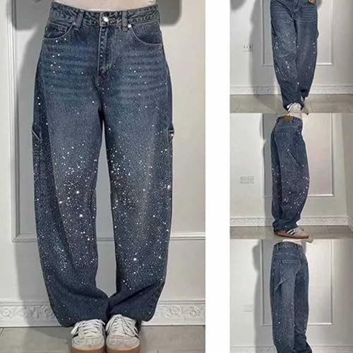 Women's Casual Rhinestone Loose Harem Jeans,Sparkly Jeans with Rhinestone for Women High Waisted Straight Wide Leg Denim Pant2