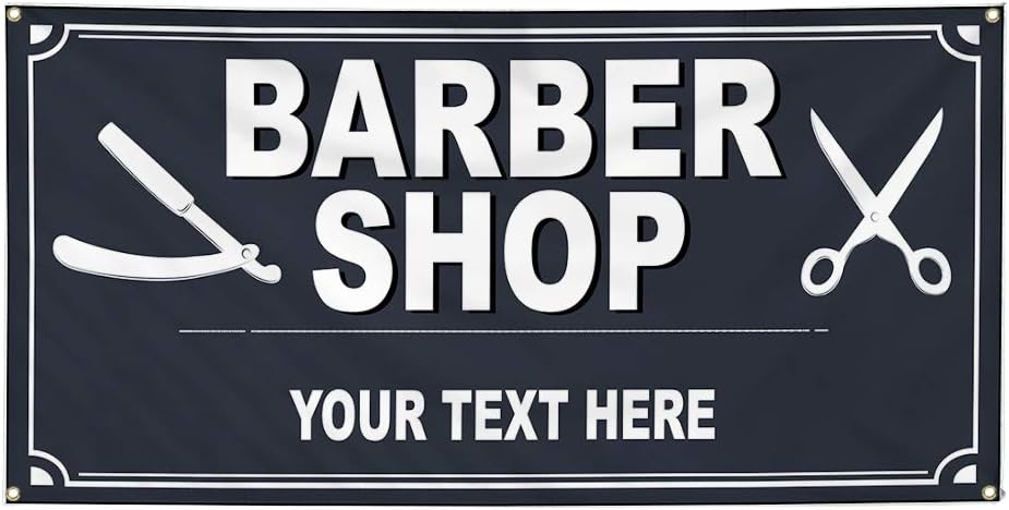 Custom Industrial Vinyl Banner Multiple Sizes Barber Shop Style D Personalized Text Here Business Outdoor Weatherproof Yard Signs Black 4 Grommets 16x40Inches