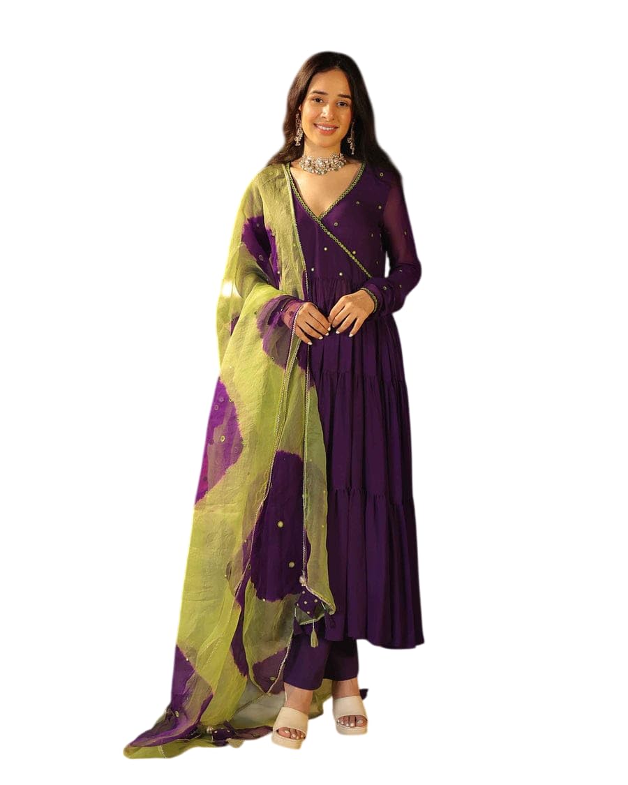 Women's Georgette Solid with Minimal Embellishment Long Anarkali Kurti With Pant And Dupatta Set (Red)-picture-19