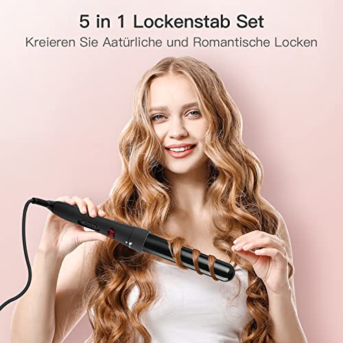 Foto von Lockenstab Set, 5 in 1, mit Verschiedenen Aufsätzen, [Turmalin Keramik] Welleneisen,Glättbürste, [mit Aufbewahrungsbox] LED Display, Große und Kleine Locken für alle Haarstylings