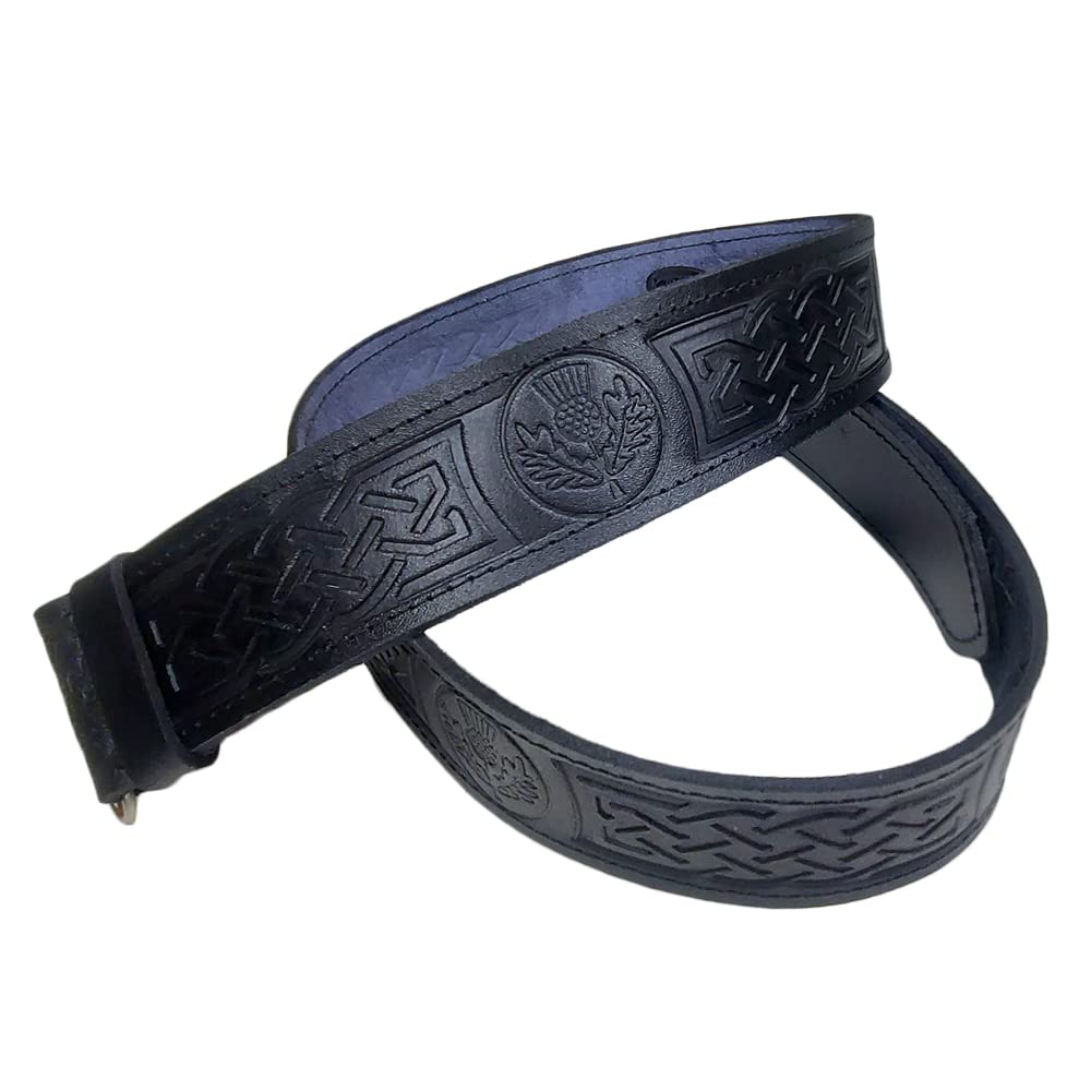 Bbi Ltd Men's Black Kilt Belt Leather Celtic Knot Buckle - Scottish High Land Wear (L. Nobuckle Thistle)