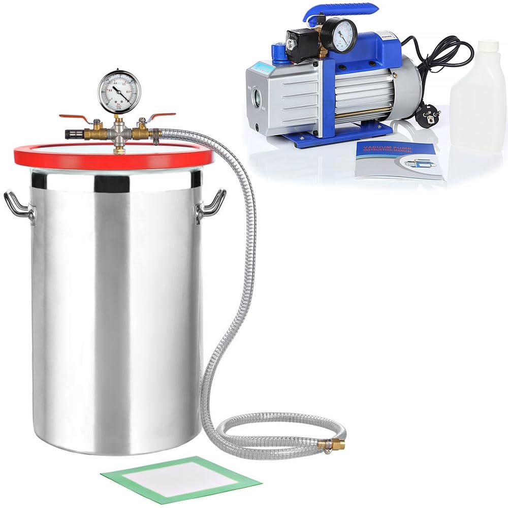 Mucola Vakuumpumpe 99 l/min Set mit Vakuumkammer 27,7 L 28x45 cm Edelstahl | Acryl-Deckel, Wandstärke 1,1 mm, Messing-Kugelventile bis 93°C, lecksicher abgedichtet, zum Entgasen von Silikon und Epoxid