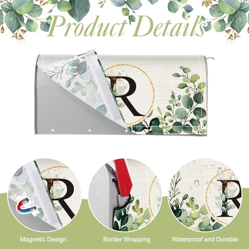 Image of Tiamon Monogrammed R Mailbox Covers Magnetic Eucalyptus Welcome Letter Box Wrap Standard Size 21x18 Inch Spring Summer Leaves Mailbox Decor Eucalyptus Letter Numbers Decoration for Outdoor Garden Yard