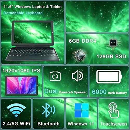 Image of 2 in 1 Laptop Windows Tablet, 11.6 inch Touchscreen Tablets with Keyboard, 6GB RAM 128GB SSD, 2.7GHz, WiFi-2.4G /5G, BT4.2 /HDMI /USB3.0 /Dual Camera /SD Card Slot