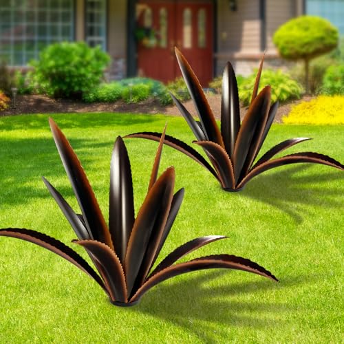 Image of TOMBABY Enlarge Thickened Wind Resistant Metal Agave Garden Art Plant Country Garden Sculpture Statue Outdoor Decoration Agave Metal Plant Courtyard Ornament Gift (2, 12 Leaves Black)