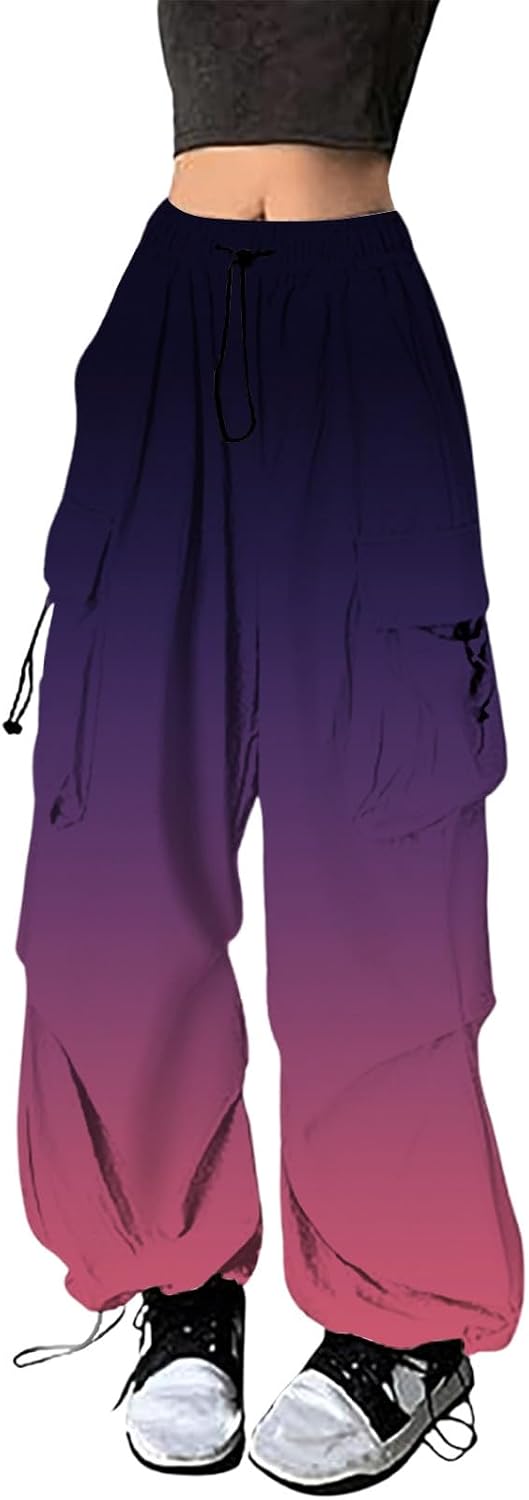 Women’s Cargo Pants Hiking Gradient Print Hip Hop Joggers Sweat Pants Drawstring Elastic Lightweight Trousers for All Seasons