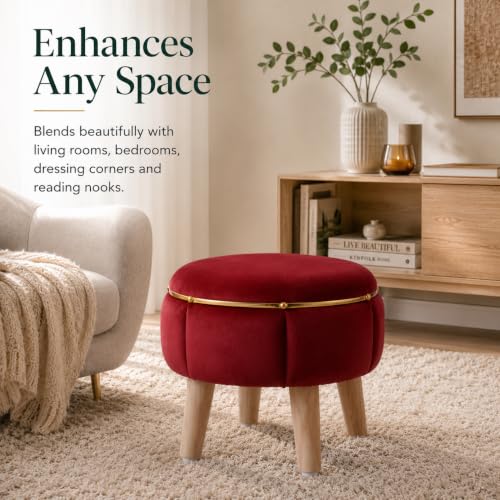 Image of Velvet Upholstered Round Ottoman Footstool | Anti-Slip Feet | Multipurpose Footrest, Step Stool & Vanity Seating & Decor | 40 x 30 cm (16 x 12 Inch) | Maroon
