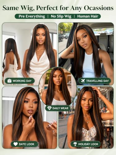Image of KLAIYI Bye Bye Slip Golden Brown Highlight Glueless Yaki Straight Precut 7x5 Lace Front Wigs Human Hair Drawstring Ombre Pre Plucked Bleached Knots 30S Ready to Wear and Go Wig with Dark Roots 24Inch