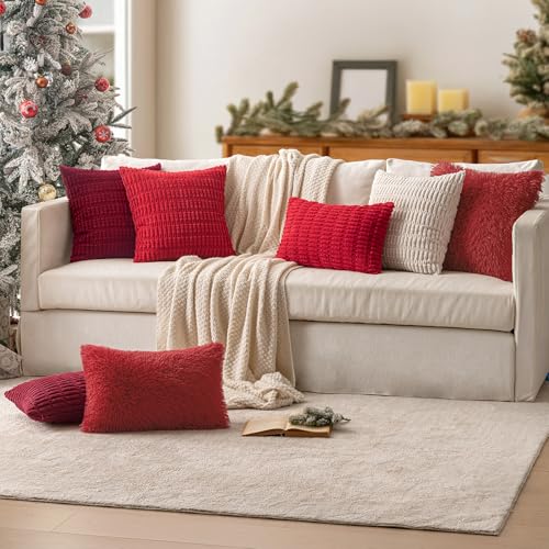 Image of MIULEE Christmas Pack of 2 Luxury Faux Fur Throw Pillow Cover Deluxe Winter Decorative Plush Pillow Case Cushion Cover Shell for Sofa Bedroom Car 18x18 Inch Red