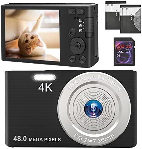 4K Digital Camera 48MP Kids Compact Camera Autofocus 16X Digital Zoom Children Portable Camera for Boys, Girls,Beginners (with 32GB SD Card and 2 Batteries)