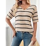 Damen Sommer Kurzarm Strickpullover mit V-Ausschnitt Gestreifter Outfit T-Shirt lockerer Schnitt modischer Freizeit Pullover 2025 – Bild 3