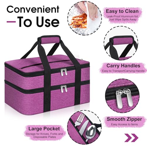 Double Insulated Casserole Carrier, Portable Casserole Carrier for Hot or Cold Food Lunch Tote Warmer or Cooler Bag, Lasagna Lunch Bag for Potluck Parties- Fits 9" x 13" Baking Dish-Rose Purple by MIAOJIE - Image 3