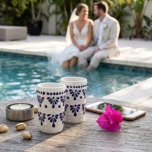 Image of Talavera Shot Glasses Set of 4 Authentic Mexican Tequila Shot Glasses - Hand-painted - 2 Oz (Cascada Cenote Blue)