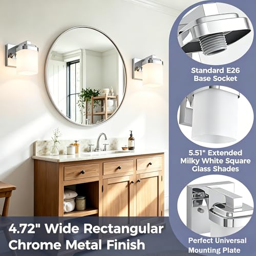 Image of 4.72 Inches Bathroom Vanity Lights, 1-Light Chrome Bathroom Llight Fixtures Over Mirror with Milky White Square Glass Shade, Modern Farmhouse Bathroom Wall Lamp, Wall Sconces Set of Two