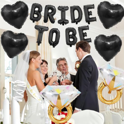 Image of Black Bachelorette Party Decorations, Black Bride to Be Banner Heart Balloons with Diamond Ring Foil Balloon, Gold Bride to Be Sash&Veil for Bachelorette Engagement Gift Bridal Shower Party Supplies