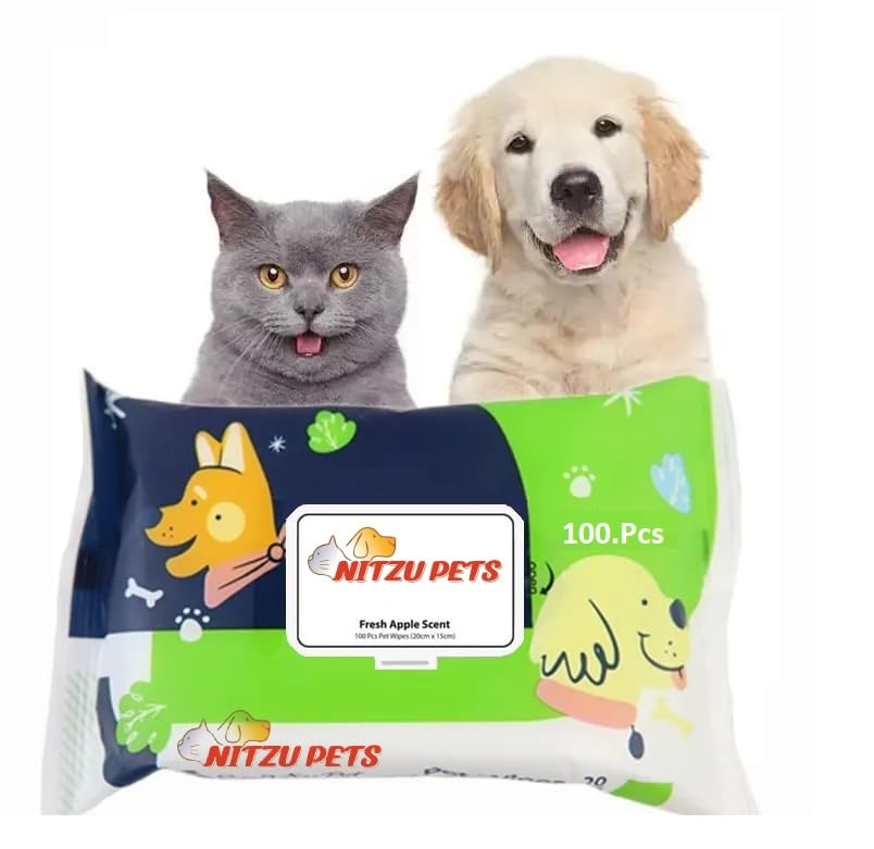 NITZU PETS Anti-Bacterial Pet Wet Wipes for Dogs, Puppies, & Pets with Fresh Apple Scent 6″x 8″ – Pack of 100 Wipes Paw Cleaning, and Daily Care