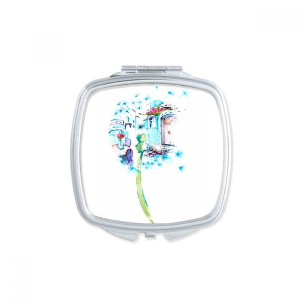 Miroir compact carré pissenlit chalet aquarelle accessoire beauté portable