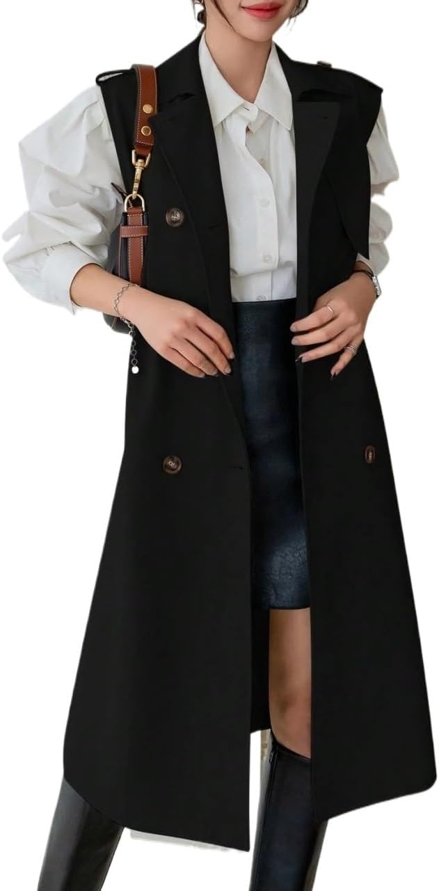 Women's Trench Coat Double-Breasted Long Sleeveless Casual Business Trench Vest Coat Classic Overcoat