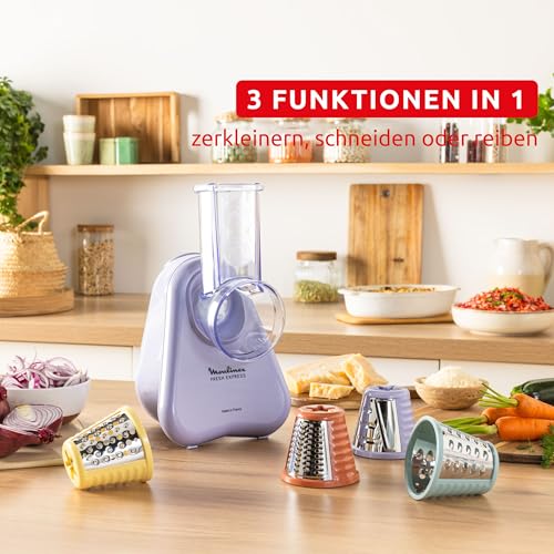 Moulinex Fresh Express Elektrische Gemüsereibe, Direktserviersystem, 4-in-1, zerkleinern-schneiden-reiben, Kabel-Verstausystem, Zubehör spülmaschinenfest, Lila, DK8546E0