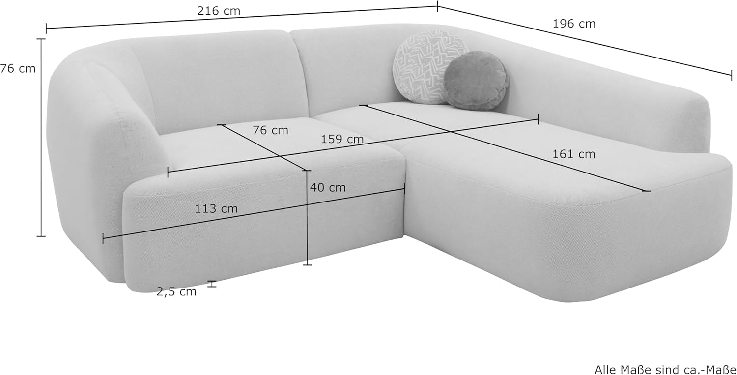 DOMO. collection Ecksofa Ansina, Taschenfederkern, Creme | Longchair rechts mit Taschenfederkern, komfortable Polsterecke in L-Form, 216 x 196 x 76 cm (BxTxH)