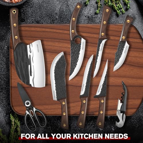 MDHAND Butcher Knife Set, Hand Forged Viking Kitchen Serbian Chef Knife Set with Roll Bag, Heavy Duty Meat Cleaver & Brisket Knives & Meat Cutting Knife for BBQ, Outdoor Camping, Gifts for Men Women - Image 2