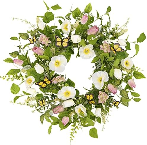YNYLCHMX 20" Spring Flower Wreath with White Flower & Green Eucalyptus Leaves & Butterfly, Artificial Wreath Green Foliage Wreath for Wall Window Farmhouse Party Holiday Home Decor