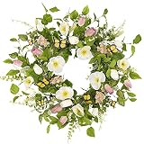 YNYLCHMX 20" Spring Flower Wreath with White Flower & Green Eucalyptus Leaves & Butterfly, Artificia