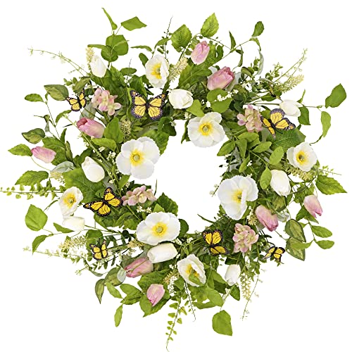 Ynylchmx 20" Spring Flower Wreath With White Flower & Green Eucalyptus Leaves & Butterfly, Artificial Wreath Green Foliage Wreath For Wall Window Farmhouse Party Holiday Home Decor #TOP2