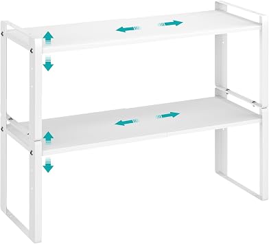 2 Pack Expandable Cabinet Organizer Shelves, 88lbs High Weight Capacity, Stackable Heavy-Duty Metal Storage Rack, Adjustable Cabinet Shelf for Kitchen, Pantry, Cupboard, Under Sink, White