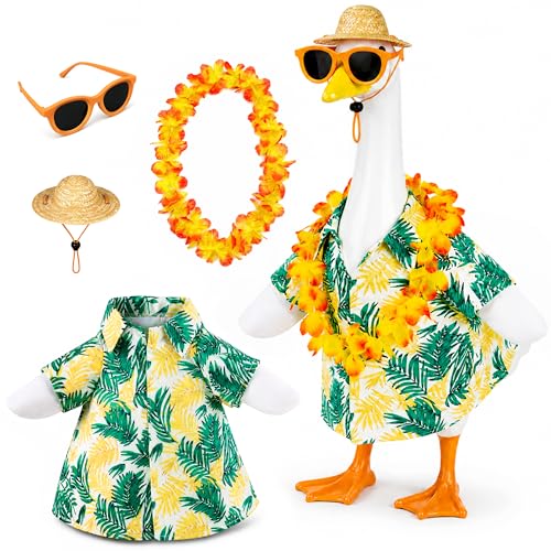 ROSSNY Hawaiian Porch Goose Outfits: for 23 Inch Goose Statue, Summer Porch Goose Outfit with Straw Hat Sunglasses and Lei, Tropical Porch Goose Clothes for Luau Patio Garden Yard Decor