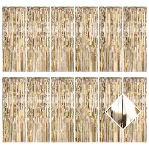 12 Pack Champagne Gold Foil Curtain Backdrop 3.2ft x 6.6ft Metallic Tinsel Fringe Backdrop Curtains Streamer Photo Booth for Birthday Engagement Bachelorette Christmas Holiday Party Décor