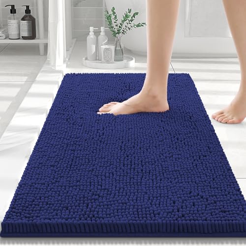 Smiry Luxury Chenille Bathroom Rugs 30x20, Extra Soft and Absorbent Shaggy Bath Mat, Machine Washable, Non-Slip Plush Carpet Runner for Tub, Shower, and Floor, Home Decor Accessories, Deep Blue