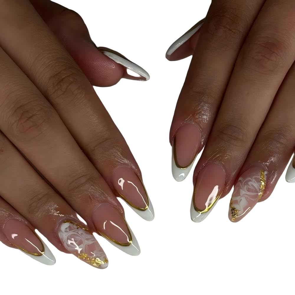 Press-On Nails, Almond Shape, Nude Pink with Design, Short Length, Reusable False Nail Tips (5, A)