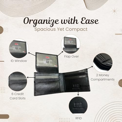 RIVET & BURR Genuine Leather Men’s Bifold Wallet for Men – RFID Blocking, Multi-Color Contrast Stitch – Gift Box, Keychain & Vanity Tray (Black)3