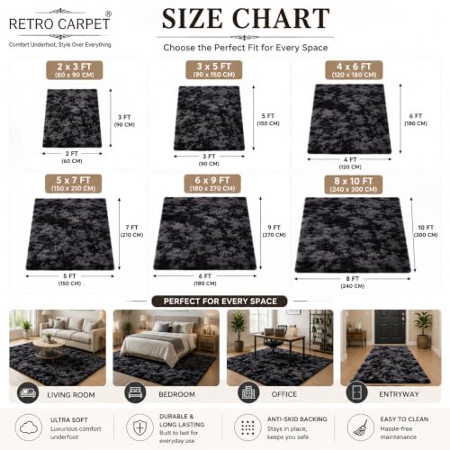 Image of Carpet for Living Room 5X7 FEET Modern Soft Shaggy Carpet Thick, Fluffy & 2 inch Pile Shag Rug for Your Kids Room, Bedroom & Livingroom (Black & Gray)