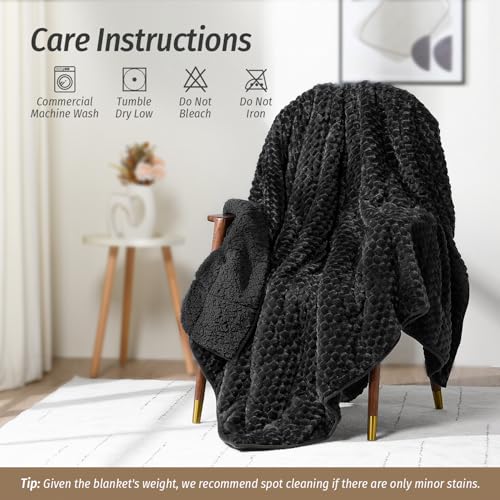 Image of Wemore Fleece Weighted Blanket for Adults (48 inch x 72 inch 15lbs, Black), Dual Sided Cozy Soft Sherpa Heavy Blanket, 3D Imitation Turtle Shell Warm Jacquard Flannel Weighted Blankets
