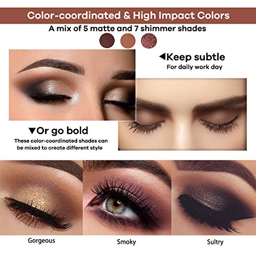 LUXAZA Smoky Eyeshadow Palette Browns 12 Colors Matte & Shimmer with Eyeliner & Brushes,Color-match & Pigmented & Soft Professional Makeup Kit - Brown