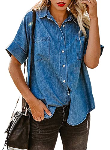 utcoco Women's Button Down Denim Shirt Casual Loose Short Sleeve Jean Shirts Tops with Pockets