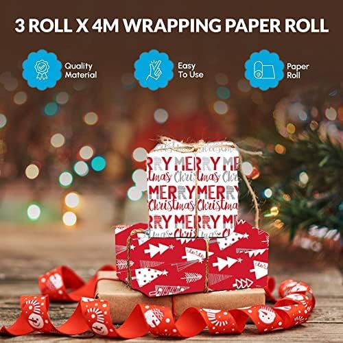 3 x 4M Wrapping Paper roll -Perfect for Christmas, Birthday, Festival, Party or Wedding Gift and Festive Decoration (1)