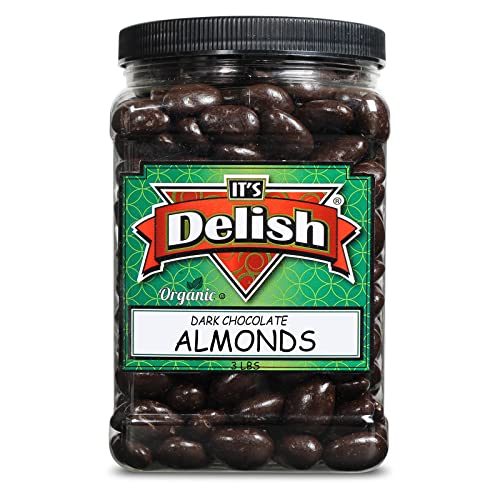 Organic Dark Chocolate Covered Almonds By Its Delish, 3 Lbs Jumbo Container | Gourmet Organic Dark Chocolate Almonds, Healthy Snacks Chocolate Fruit, Usa Made, Vegan, Kosher #TOP1