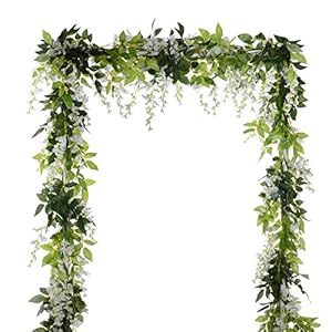 DearHouse 4Pcs 6.6Ft/piece Artificial Flowers Silk Wisteria Garland Artificial Wisteria Vine Rattan Silk Hanging Flower for Home Garden Outdoor Ceremony Wedding Arch Floral Decor (White)