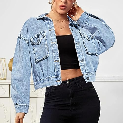 Women's Casual Cropped Denim Jacket Western Basic Lapel Button Up Long Sleeve Trucker Jean Jacket Biker Coat Tops3
