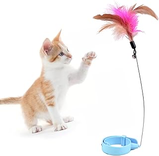Airshi Cat Feather Collar Toy, Cat Teaser Wand Toy, Cat Teasing Wand Collar Silicone Adjustable Cat Wand Toy, Exercise Relieve Flexible Interactive Funny with Bell for Indoor (Blue)