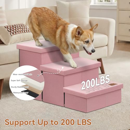 Image of Zerbuger Dog Stairs with Storage, Pink 3 Steps Dog Ramp no Condo for Bed | 18 inch H Small Dog Steps for High Beds Couch, Folding Storage Pet Stairs Gift for Climbing Small /Medium /Large Old Dogs Cats