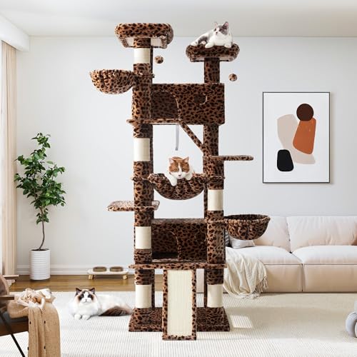 Image of Allewie 81 Inches Tall Cat Tree /Multi-Level Large Climbing Tree House and Towers for Big Feline /Condo and Hammock /Scratching Post /Wide Base /Leopard Print